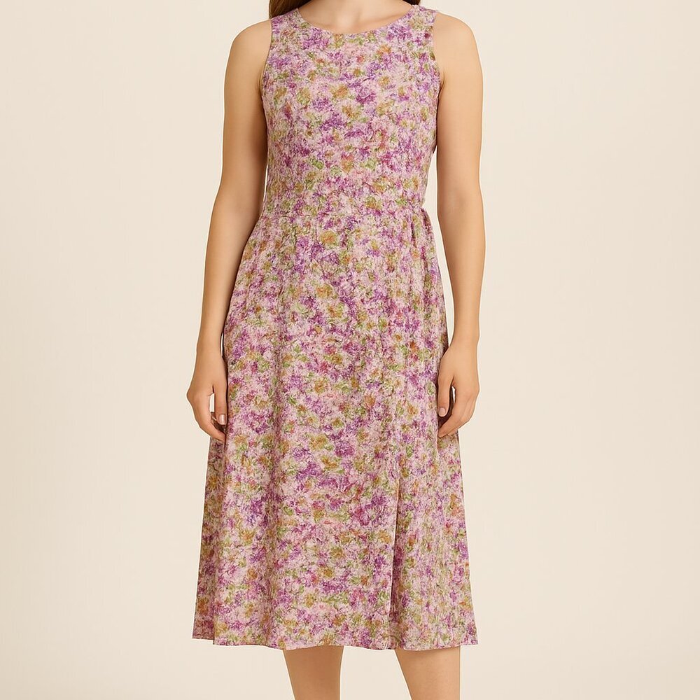 Vintage Floral Sleeveless Midi Dress in Purple and Green Size‎ Medium